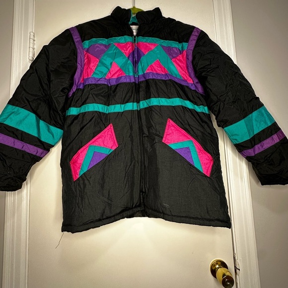 VTG 80’s Huband for Her Puffer Jacket. Geometric pattern Pink, Purple, Teal. Sm - Picture 1 of 15